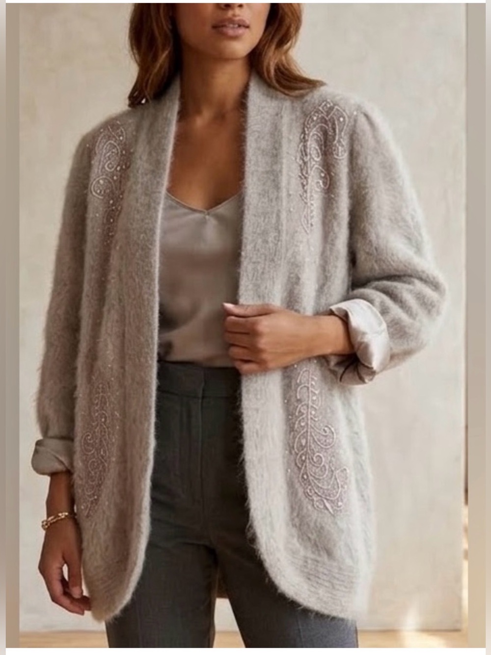 Vintage Lee Sands Angora Rabbit Hair Pearl Beaded Sweater Coat One Size